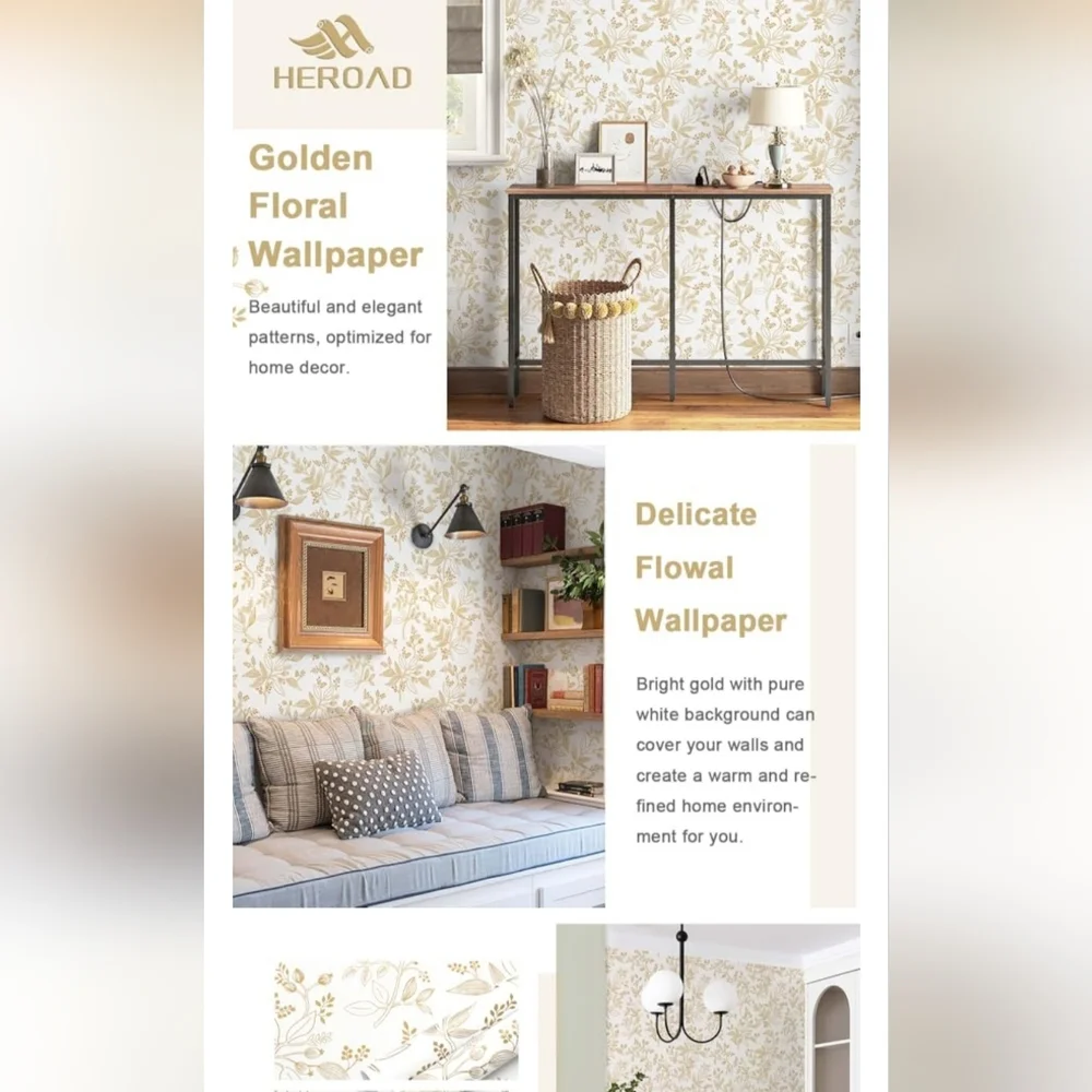 4‎ Rolls Floral Wallpaper Peel and Stick White and Gold Contact Paper Modern